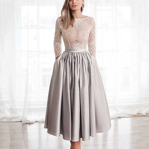 

abito da festa semi formale da donna abito svasato abito svasato abito midi bianco grigio manica lunga colore puro increspato autunno primavera autunno girocollo moda abito invernale quotidiano 2023