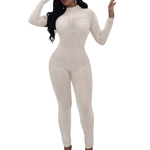 

Women's Jumpsuit Sequins Solid Colored Crew Neck Casual Street Daily Wear Regular Fit Long Sleeve White Black Beige S M L Fall