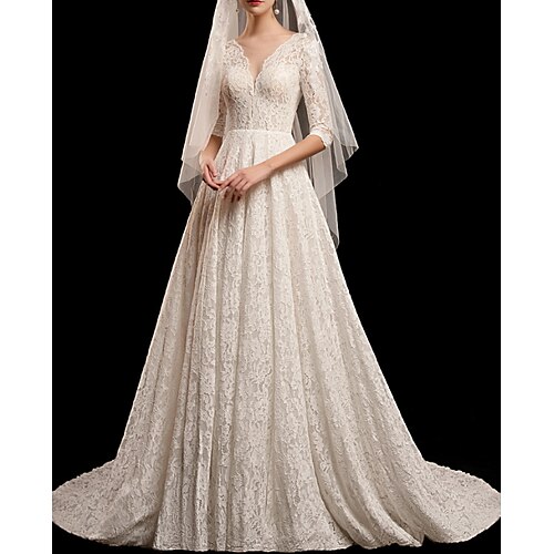 

A-Line Wedding Dresses V Neck Sweep / Brush Train Lace 3/4 Length Sleeve Formal Romantic Vintage with Pleats 2022