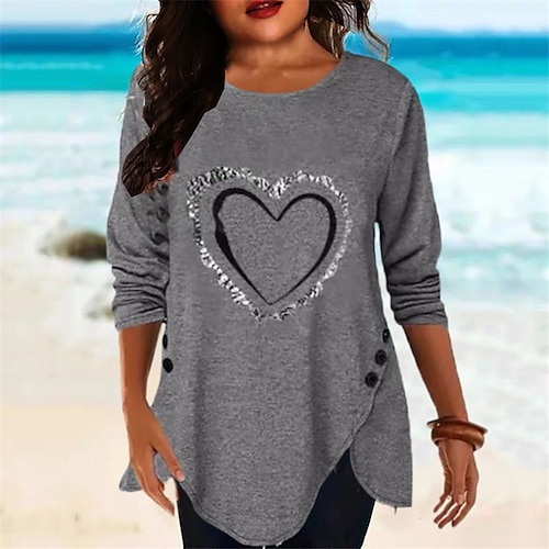 

Women's Plus Size Tops T shirt Tee Heart Asymmetric Button Long Sleeve Crewneck Streetwear Daily Sports Cotton Fall Winter Green Black / Print