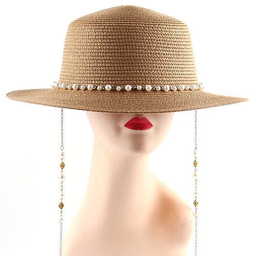

Women's Hat Straw Hat Black Pink Khaki Wedding Party Outdoor Beaded Pure Color Portable Windproof Comfort