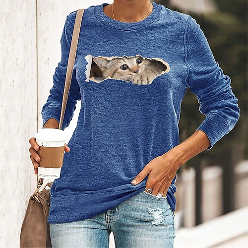 

Women's T shirt Tee Green Blue Yellow Graphic Cat Print Long Sleeve Daily Basic Round Neck Regular 3D Cat S