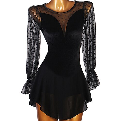 

Figure Skating Dress Women's Girls' Ice Skating Dress Outfits Black Open Back Patchwork Mesh Spandex High Elasticity Training Practice Professional Skating Wear Handmade Classic Crystal / Rhinestone