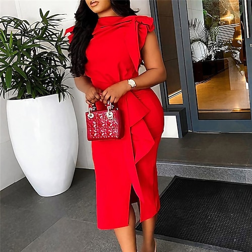 

Women's Work Dress Sheath Dress Midi Dress Red Sleeveless Pure Color Ruffle Spring Summer Crew Neck Elegant Dress Party Vacation Slim 2023 S M L XL XXL 3XL