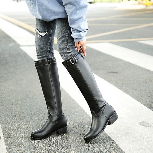 

Women's Boots Daily Riding Boots Knee High Boots Chunky Heel Round Toe PU Loafer Solid Colored Black Brown