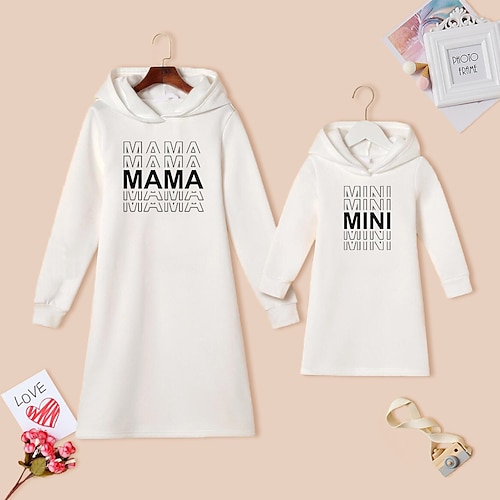 

Dresses Mommy and Me Letter Daily Print White Long Sleeve Above Knee Daily Matching Outfits