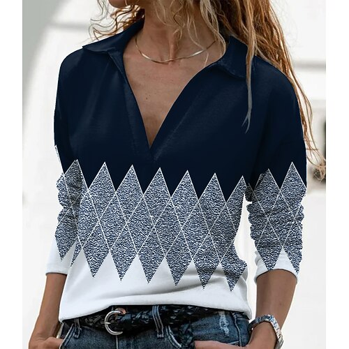 

Women's Blouse Shirt Blue Red Black Geometric Color Block Print Long Sleeve Daily Weekend Streetwear Casual Shirt Collar Regular Geometric S
