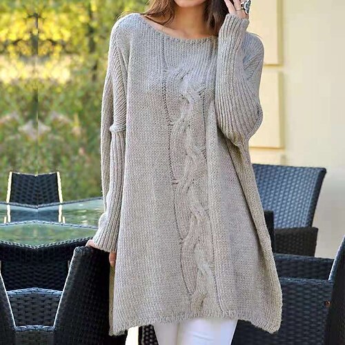 

Women's Pullover Sweater jumper Jumper Cable Chunky Knit Tunic Split Knitted Solid Color Crew Neck Basic Stylish Daily Going out Winter Fall Green Pink One-Size / Long Sleeve / Casual / Loose Fit