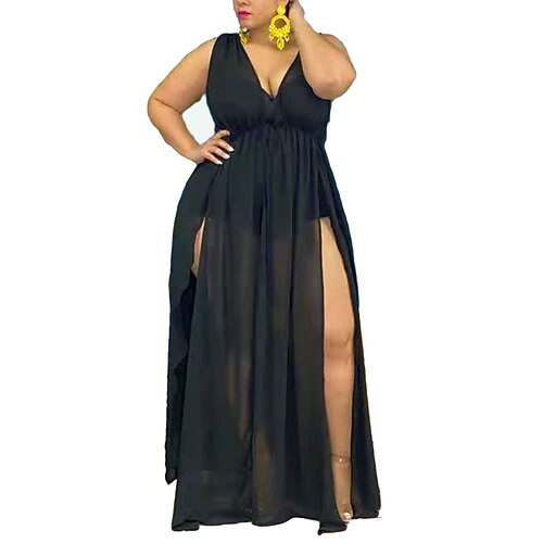 

Women's Plus Size Party Dress Solid Color V Neck Split Sleeveless Fall Winter Casual Sexy Prom Dress Maxi long Dress Party Daily Dress / Mesh
