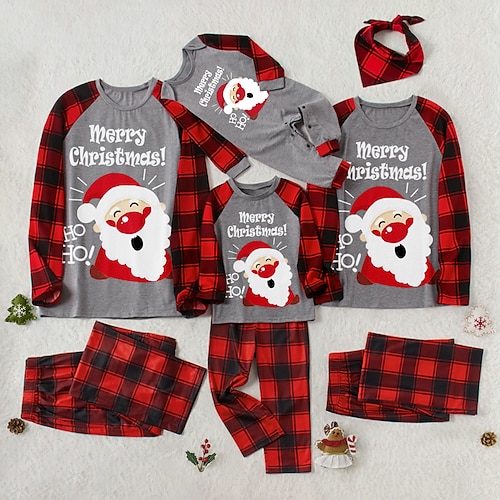 

Christmas Pajamas Ugly Family Set Plaid Santa Claus Letter Christmas Gifts Patchwork Dark Red Gray Long Sleeve Mom Dad and Me Daily Matching Outfits Fall Winter Cute Print