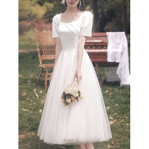 

A-Line Wedding Dresses Square Neck Tea Length Satin Tulle Short Sleeve Simple Vintage Little White Dress 1950s with Pearls 2022