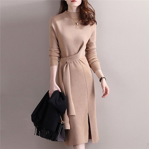 

Women's Sweater Dress Winter Dress Midi Dress Green Camel Red Long Sleeve Pure Color Lace up Split Winter Fall Turtleneck Casual One-Size