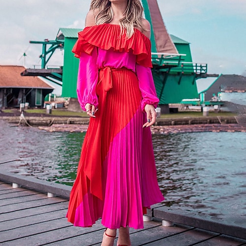 

Women's Casual Dress Swing Dress Long Dress Maxi Dress Red Long Sleeve Color Block Lace up Fall Off Shoulder Winter Dress Fall Dress S M L XL XXL