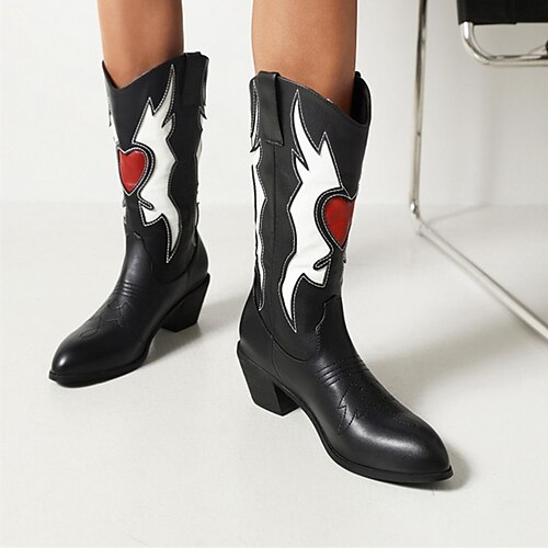 

Women's Boots Daily Cowboy Boots Mid Calf Boots Chunky Heel Pointed Toe PU Loafer Color Block Black