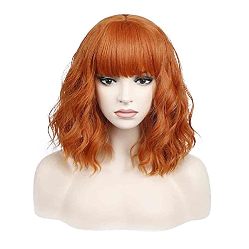 

12 inches Dark Orange Wig with Bangs Women Girls Short Curly Wavy Bob Wig Ginger Hair Wigs Synthetic Costume Cosplay Halloween Party Wigs