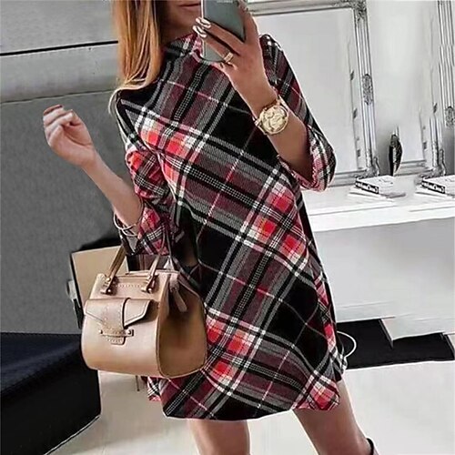 

vestido xadrez feminino cáqui vermelho cinza manga longa estampa xadrez inverno outono outono decote redondo vestido de inverno vestido de outono s m l xl 3xl