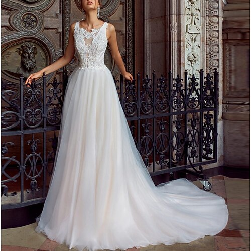 

A-Line Wedding Dresses Jewel Neck Sweep / Brush Train Lace Tulle Sleeveless Formal Romantic Sexy with Appliques 2022