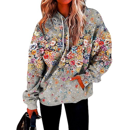 

Women's Hoodie Sweatshirt Pullover Active Streetwear Front Pocket Print Gray Floral Sports Hooded Long Sleeve S M L XL XXL / 3D Print