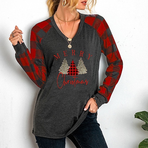 

Women's T shirt Tee Blue Red Graphic Plaid Print Long Sleeve Gift Weekend Basic V Neck Regular Painting S