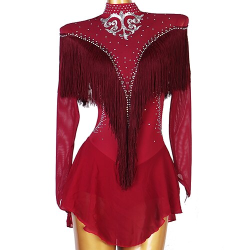 

Figure Skating Dress Women's Girls' Ice Skating Dress Outfits Burgundy Tassel Open Back Mesh Spandex High Elasticity Training Practice Professional Skating Wear Handmade Classic Crystal / Rhinestone