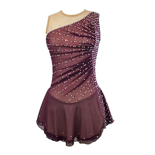 

Figure Skating Dress Women's Girls' Ice Skating Dress Outfits Coffee Patchwork Spandex High Elasticity Training Competition Skating Wear Handmade Patchwork Crystal / Rhinestone Sleeveless Ice Skating