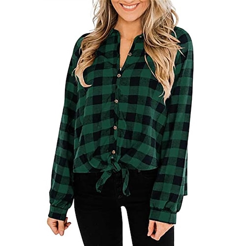 

Chemise Chemisier veste Femme Blanche Rouge Bleu Plaid Imprimer manche longue Casual du quotidien Rétro Vintage Décontractées Col de Chemise Normal Coton Standard S