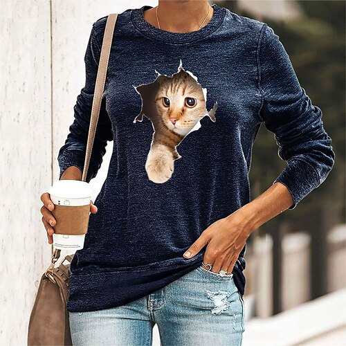 

Mulheres Camiseta Preto Amarelo Verde Tropa Animal Gato Imprimir Manga Longa Diário Final de semana Básico Decote Redondo Padrão Algodão Gato 3D Pintura S