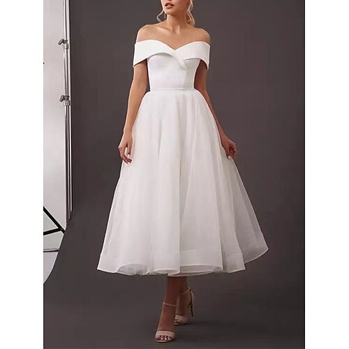 

A-Line Wedding Dresses Off Shoulder Tea Length Organza Satin Short Sleeve Country Simple Little White Dress Cute with Pleats 2022