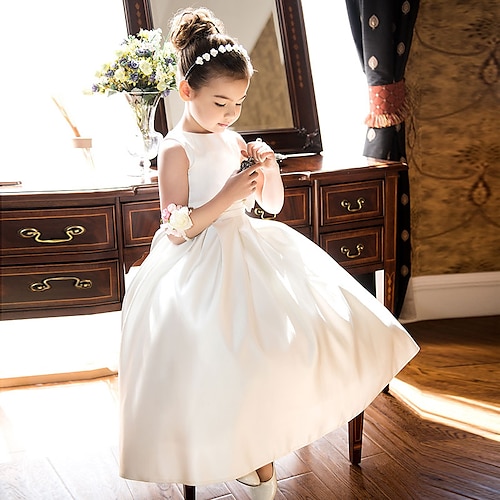 

Wedding First Communion Princess Flower Girl Dresses Jewel Neck Tea Length Satin Spring Summer with Bow(s) Ruched Cute Girls' Party Dress Fit 3-16 Years