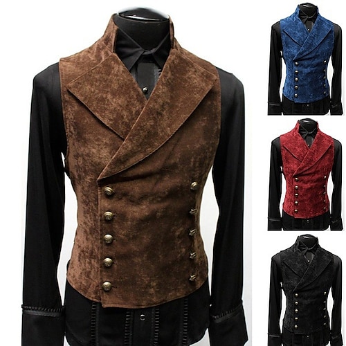 Hombre Chaleco Boda Trabajo Calle Negocio Negocios 1920s Otoño Detalles en Piel Algodón Transpirable Color sólido Botonadura Doble Cuello Vuelto Ajuste regular Negro Vino Azul Marino Marrón Chaleco