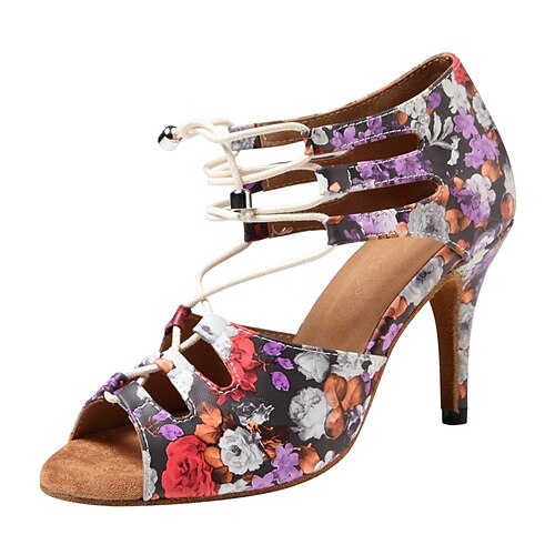 

Women's Latin Shoes Dance Shoes Training Performance Practice Pattern / Print Professional Pattern / Print Flower Customized Heel Slim High Heel Lace-up Buckle Adults' Purple khaki