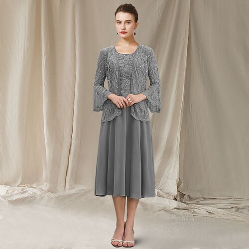

Two Piece A-Line Mother of the Bride Dress Elegant Jewel Neck Tea Length Chiffon Lace Sleeveless Wrap Included with Sequin 2022