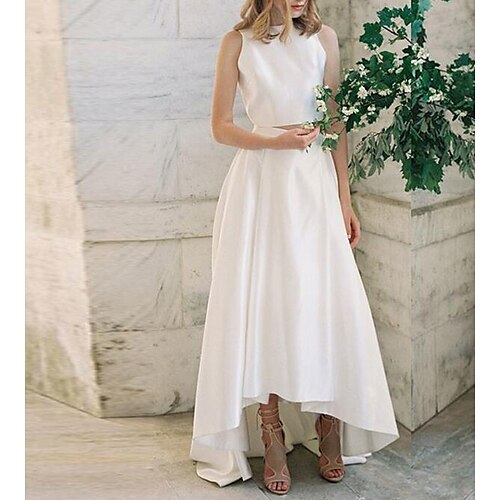 

Two Piece A-Line Wedding Dresses Jewel Neck Sweep / Brush Train Satin Sleeveless Country Simple Beach with Pleats 2022