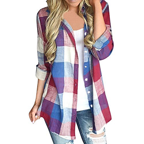 

Women's Blouse Shirt Orange Red Plaid Color Block Button Long Sleeve Casual Daily Basic Classical Shirt Collar Plaid S