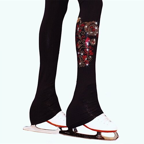 

Figure Skating Pants Women's Girls' Ice Skating Tights Leggings Outfits Black Flower Fleece Spandex High Elasticity Training Practice Competition Skating Wear Thermal Warm Handmade Crystal