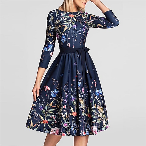 

Women's A Line Dress Knee Length Dress Navy Blue 3/4 Length Sleeve Floral Print Fall Round Neck Elegant Party 2022 S M L / Party Dress