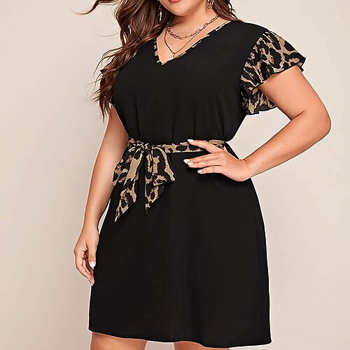 

Women's Plus Size Holiday Dress Leopard V Neck Print Short Sleeve Spring Summer Stylish Casual Short Mini Dress Daily Vacation Dress