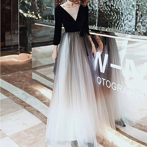 

A-Line Prom Dresses Elegant Dress Wedding Guest Floor Length 3/4 Length Sleeve Illusion Neck Tulle with Bow(s) Pleats 2022