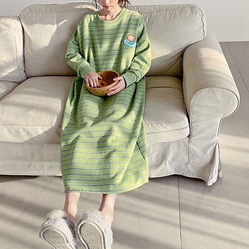 

Women's Pajamas Winter Nightgown Nighty Pjs Stripe Simple Comfort Sweet Party Home Bed Cotton Warm Gift Crew Neck Long Sleeve Dress Winter Fall Green Blue