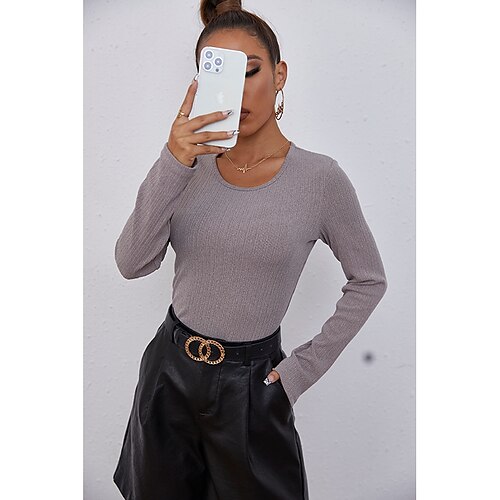 

Women's Blouse Gray Plain Long Sleeve Casual Daily Casual Round Neck Regular S