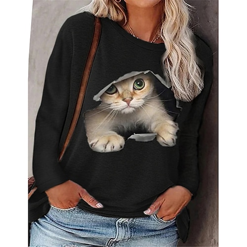 

Mujer Ropa de calle Casual Estampado Negro Blanco Rosa Animal Gato Diario Cuello Barco Manga Larga Algodón