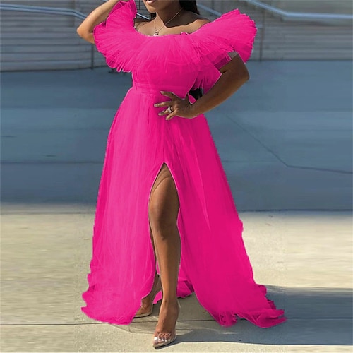 

Women's Plus Size Party Dress Solid Color Off Shoulder Split Short Sleeve Fall Winter Casual Prom Dress Maxi long Dress Party Daily Dress / Ruffle / Mesh