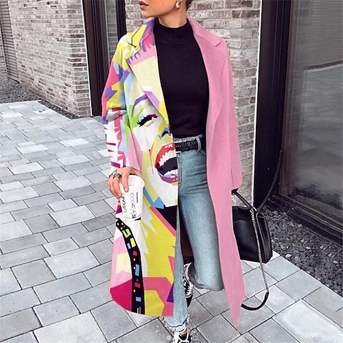 

Women's Coat Street Daily Going out Fall Winter Long Coat Regular Fit Warm Streetwear Casual Jacket Long Sleeve Color Block Portrait Print Pink Khaki