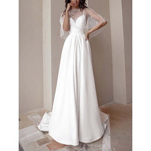 

A-Line Wedding Dresses V Neck Spaghetti Strap Sweep / Brush Train Satin Tulle Long Sleeve Simple Sexy with Pleats Pearls 2022