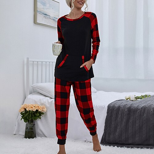 

Women's Pajamas Sets Nighty 1 set Grid / Plaid Simple Fashion Comfort Home Daily Bed Bamboo Gift Crew Neck Long Sleeve T shirt Tee Pant Print Pocket Fall Winter Black Red / Cute