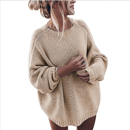 

Women's Jumper Chunky Knit Tunic Knitted Solid Color Crew Neck Stylish Casual Daily Weekend Drop Shoulder Winter Fall Blue Purple S M L / Cotton / Long Sleeve / Sweater / Cotton / Regular Fit