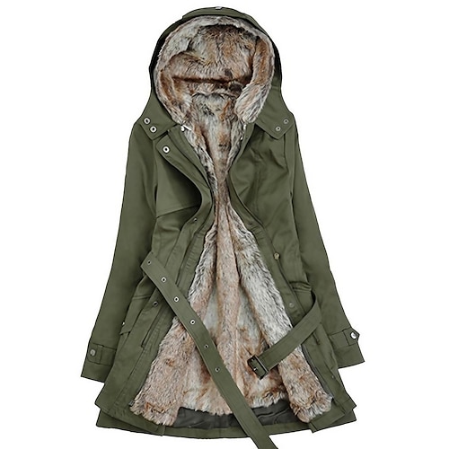 

Women's Parka Street Fall Winter Long Coat Hooded Regular Fit Basic Casual Jacket Long Sleeve Solid Colored Army Green Black Cotton Cotton