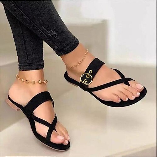 

Women's Sandals Boho Bohemia Beach Buckle Flat Heel Round Toe PU Loafer Solid Colored Dark Brown Black White