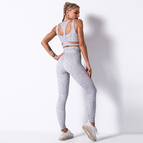 

Women's Activewear Set Sports Bra with Tights Yoga Suit 2 Piece Cropped Spot Sports Bra Leggings Black Gray Yoga Fitness Gym Workout Tummy Control Butt Lift Breathable Sport Activewear Stretchy