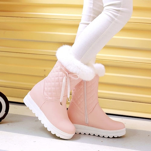

Women's Boots Daily Snow Boots Lolita Mid Calf Boots Wedge Heel Round Toe PU Zipper Solid Colored Black Rosy Pink White